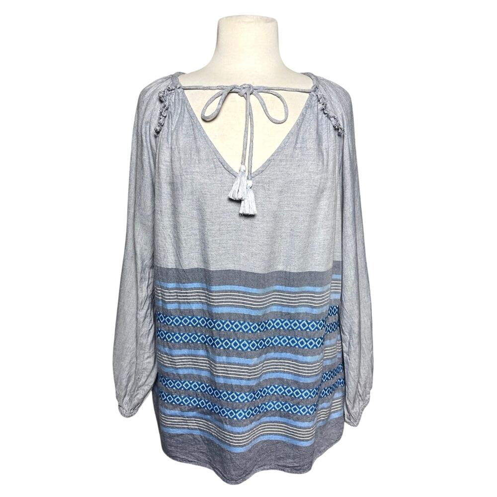DYLAN Women’s Boho Blue Striped Tassel Tie Neck Long Sleeve Top